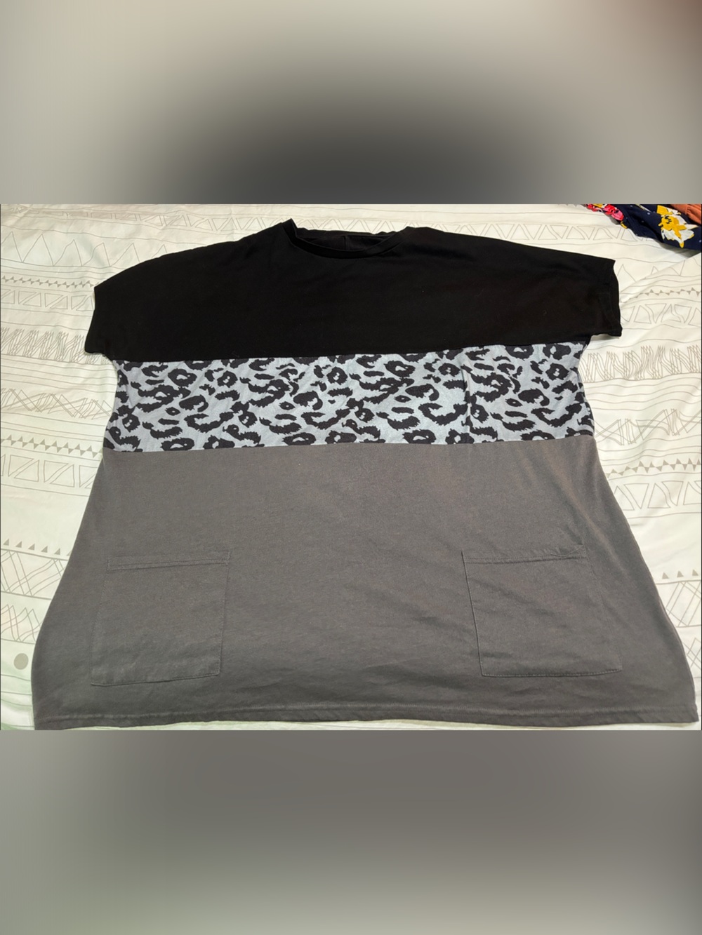 Colorblock Leopard Stripe Tunic Top - Black, Grey, Light Grey